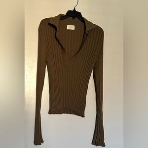 DISSH TAN RIBBED COLLARED FENTON PULLOVER SWEATER TOP